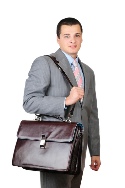 Manager and leather briefcase isolated on white background Stock Photo