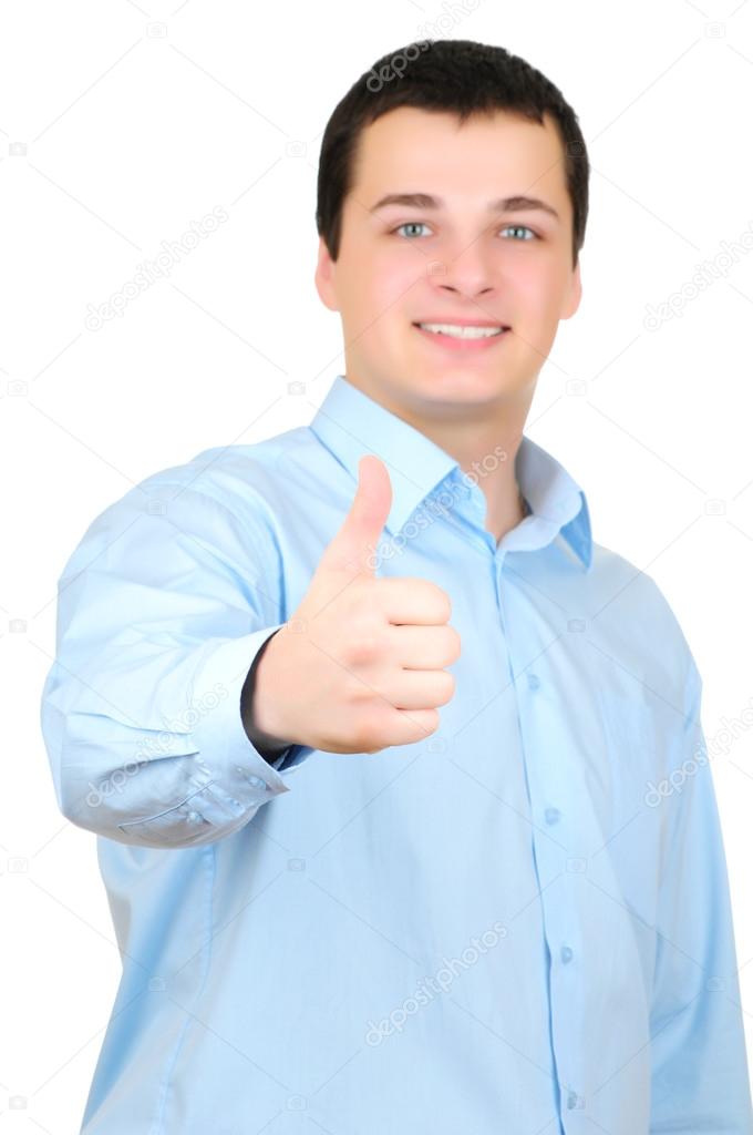 Young man thumbs up isolated on white background
