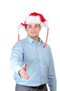 Noel Baba adam beyaz zemin üzerine izole hoş geldiniz diyerek