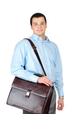 Beyaz arka plan üzerinde izole Yöneticisi ve deri evrak çantası