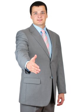 Beyaz arka plan üzerinde izole hoş geldiniz diyerek işadamı