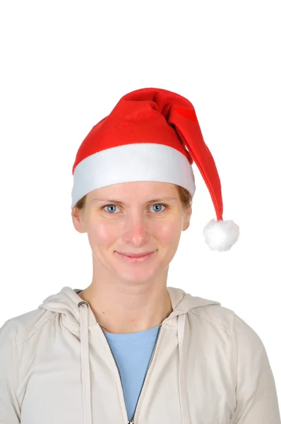 Jonge vrouw in KERSTMUTS geïsoleerd op witte achtergrond — Stockfoto