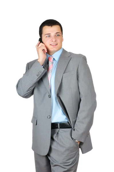 Geschäftsmann spricht mit Handy isoliert auf weißem Hintergrund — Stockfoto