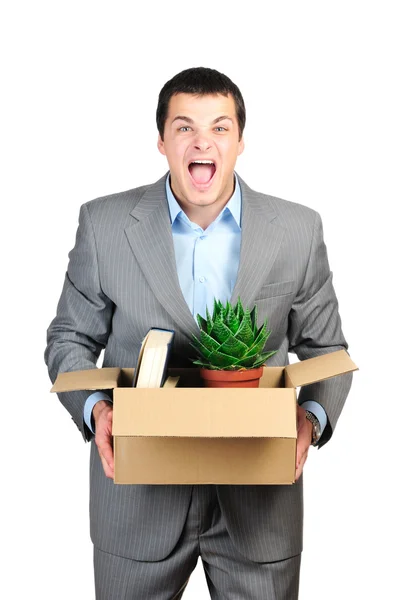 You are fired! Young businessman hold cardboardbox with personal belongings — Stock Photo, Image