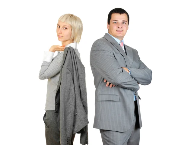 Бізнесмен і бізнес-леді, що стоять впевнено ізольовані на білому тлі — стокове фото