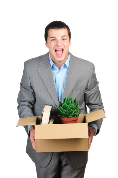 You are fired! Young businessman hold cardboardbox with personal belongings — Stock Photo, Image