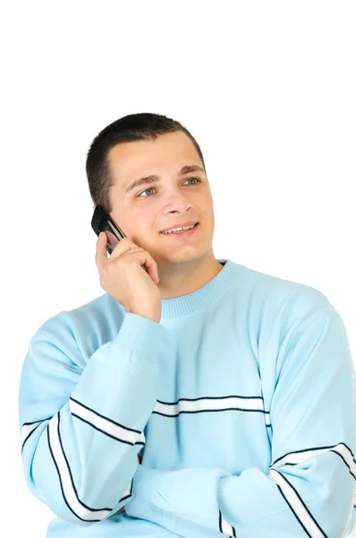 Przypadkowy człowiek uśmiechający się i rozmawia przez telefon komórkowy na białym tle na czarnym tle — Zdjęcie stockowe