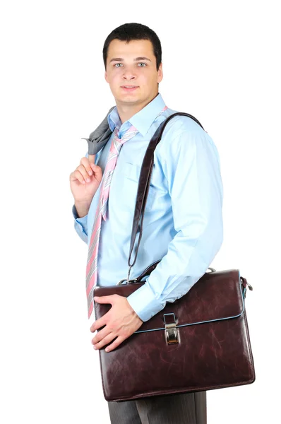 Менеджер и кожаный портфель на белом фоне Лицензионные Стоковые Фото