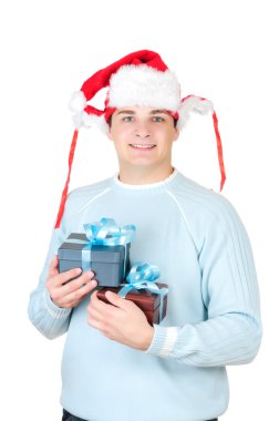 Noel Baba'nın şapkalı mevcut kutusu beyaz arka plan üzerinde izole tutan genç adam