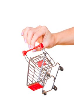 el ve beyaz arka plan üzerinde izole bir alışveriş sepeti