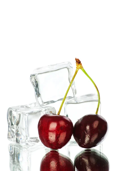 Cereja e cubos de gelo isolados sobre fundo branco — Fotografia de Stock