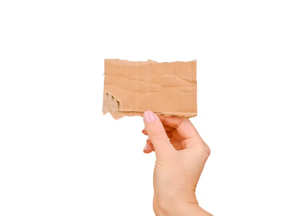 Cartão de papelão em mãos isoladas sobre fundo branco — Fotografia de Stock