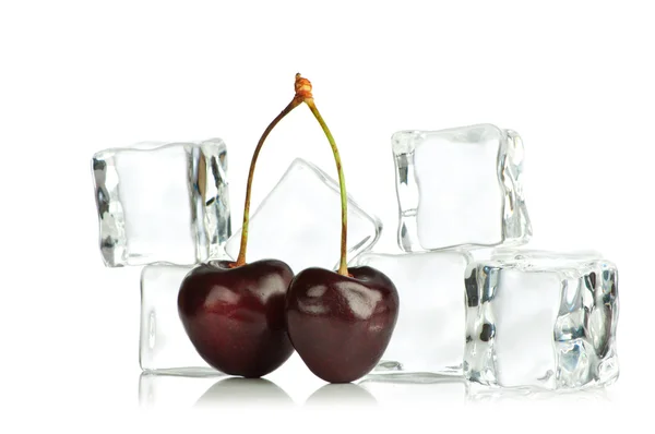 Cherry and ice cubes isolated on white background — Stock Photo, Image