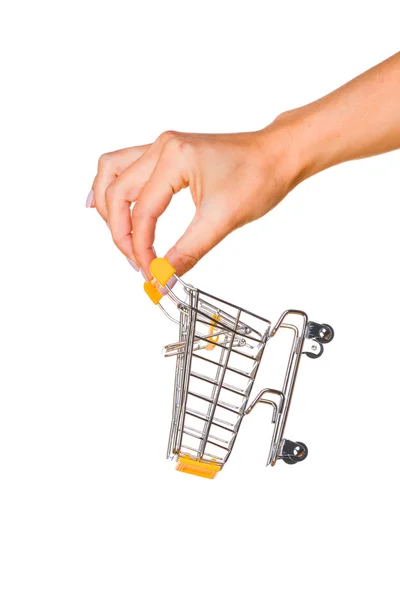 Hand and a shopping cart isolated on white background — Stock Photo, Image