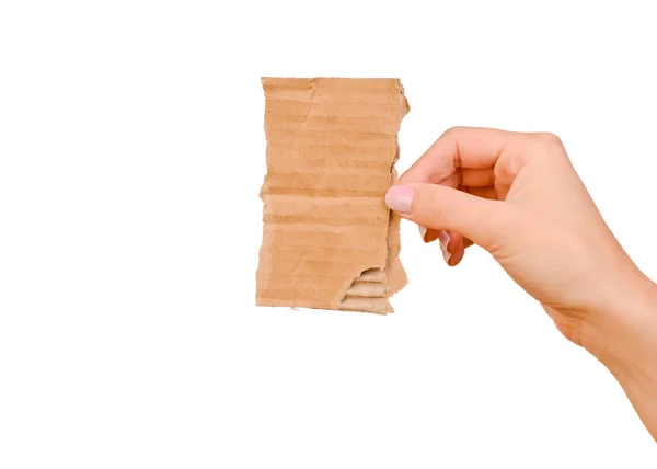 Cartão de papelão em mãos isoladas sobre fundo branco — Fotografia de Stock