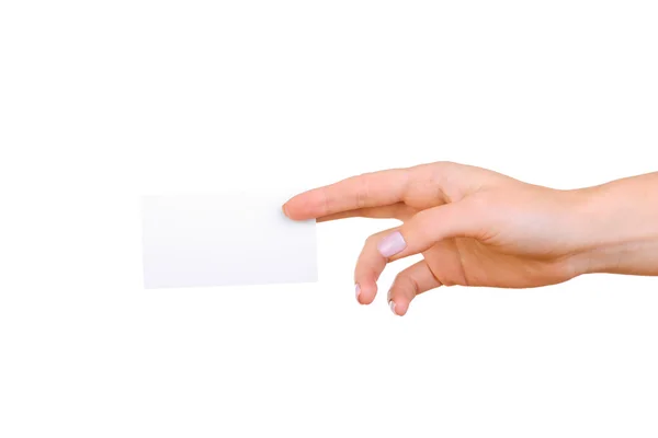 Χέρι και μια κάρτα που απομονώνονται σε λευκό — Φωτογραφία Αρχείου