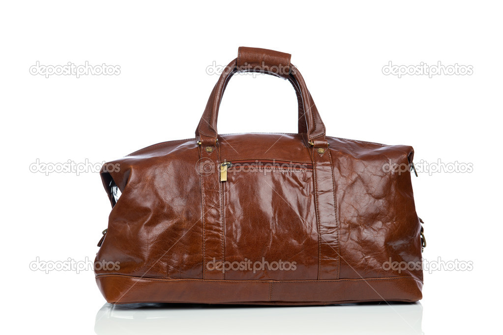 Brown vintage leather bag on white background