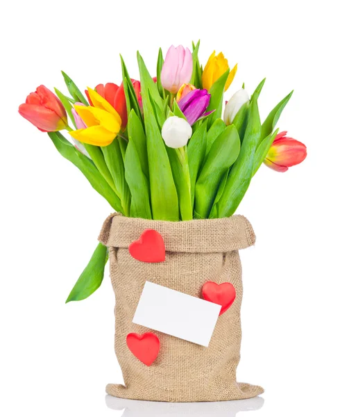 Tulpen im Sack auf weißem Hintergrund — Stockfoto