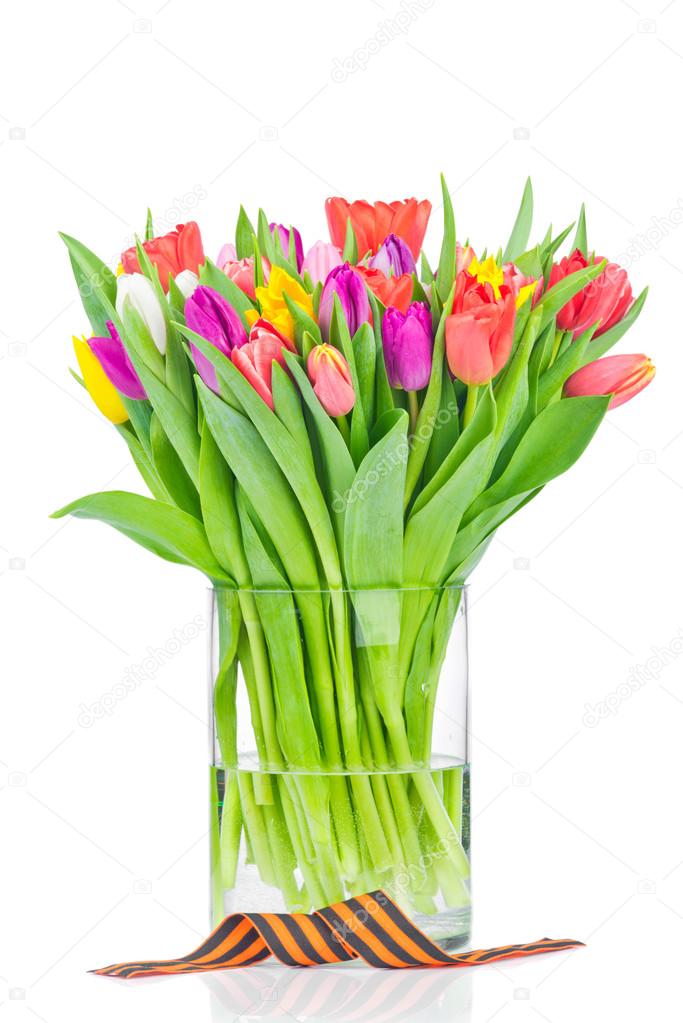Tulips in the vase and a ribbon