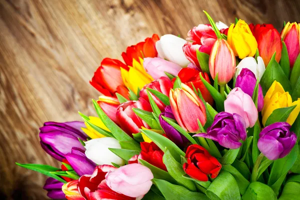 Tulips on wooden background — Stock Photo, Image