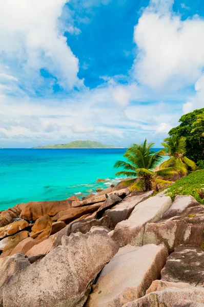 Tropical beach with rock on white sand — Stock Photo, Image