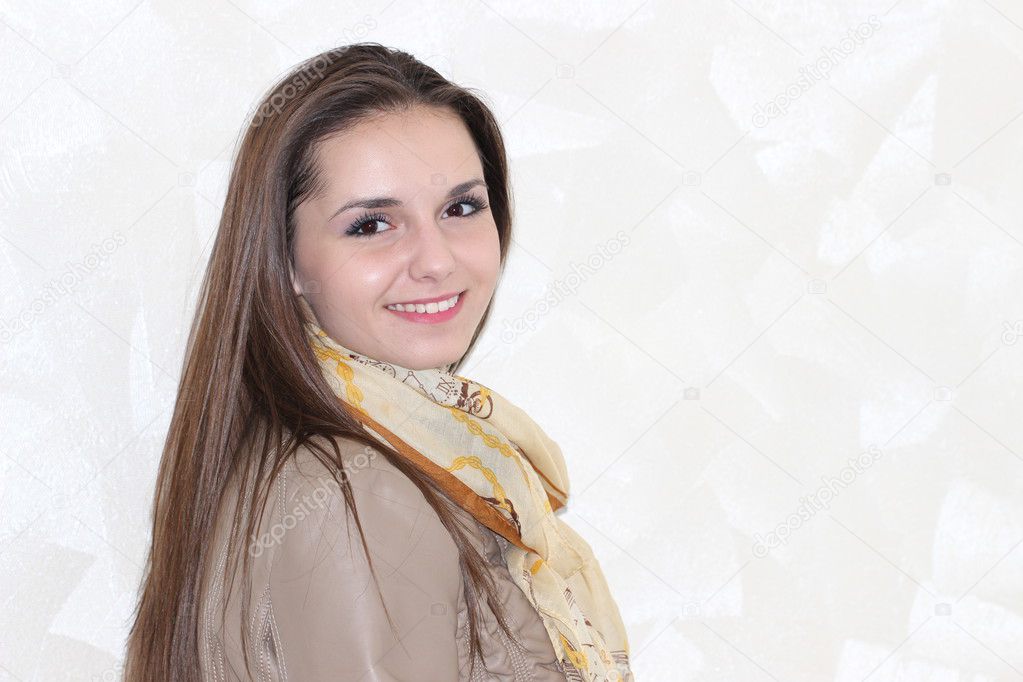 Pretty young girl, long straight hair, teenager, with scarf and jacket, sweet smile, cheerful, jovial, happy, glad, joyful, lively, trendy