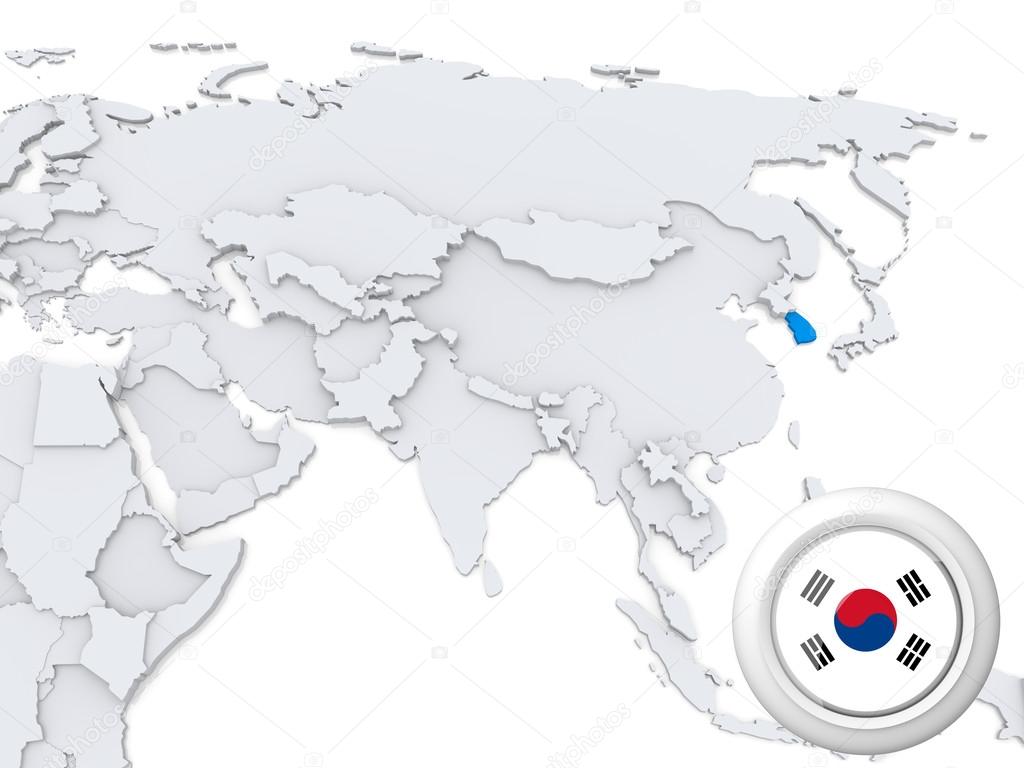 South Korea on map of Asia