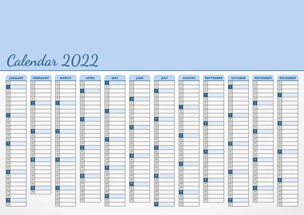 Ημερολόγιο Έτους 2022 Οριζόντια Μορφή Τοίχου Μπλε Σχέδιο Χώρο Για — Διανυσματικό Αρχείο