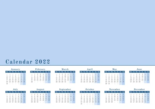 Horizontaler Wandkalender Für Das Jahr 2022 Schlichtem Blauem Design — Stockvektor