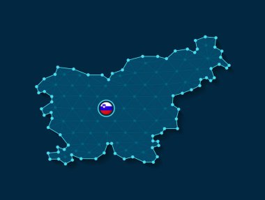 Basitleştirilmiş Slovenya haritası siluetinin başkent kentinde birleştirilmiş noktalar ve ulusal bayrak ile birleştirilmiş fütüristik bir dijital mavi dizayn ile vektör ilülasyonu