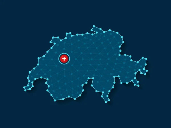 简化后的瑞士地图轮廓的矢量图解 采用未来派数字蓝色设计 并将圆点和国旗连接在首都 — 图库矢量图片#