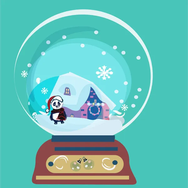 Mão desenhado vetor abstrato Feliz Natal e Feliz Ano Novo tempo grande desenho animado globo de neve esfera illustration.panda — Vetor de Stock