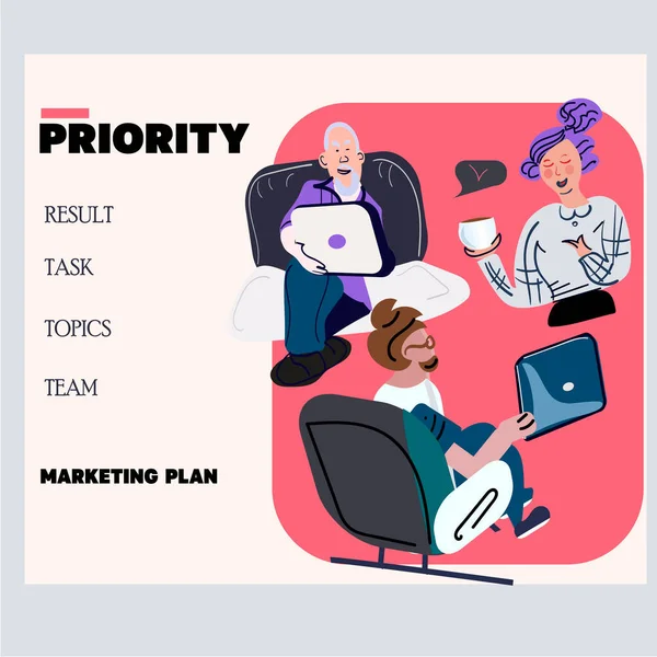 Colleagues Organize Priorities, Teamwork Landing Page Template. Brainstorming Working Process in Office. Business People Characters Team Solving Work Problem at Workplace. Cartoon Vector — Stockvektor