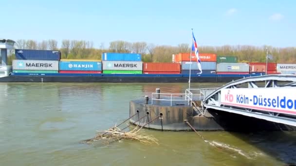 Cologne - Germany - circa april 2013 - Barge loaded with containers for export — Stock Video