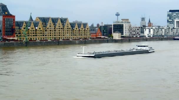 Cologne - circa may 2013 - barge passing the new waterfront of Cologne. — Stock Video