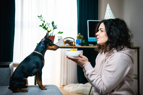 Happy Young Girl Giving Homemade Cake Her Dog Indoors Concept — Stock Photo, Image