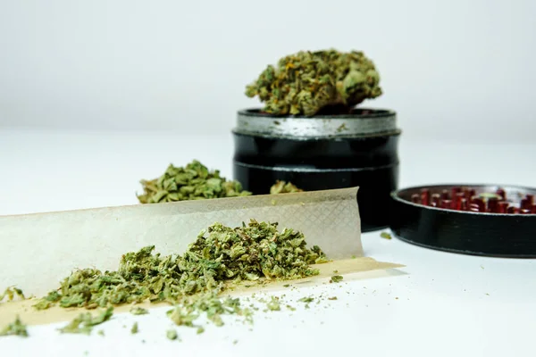 Close Medical Marijuana Buds White Background Concept Herbal Alternative Medicine — Stock Photo, Image