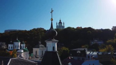 Kyiv, Ukraine - 7 October 2021: Aerial view of Church of St. Nikolay Dobryi and historical part of Kyiv - Podil, religious architecture in baroque style. Tourist place and attractions
