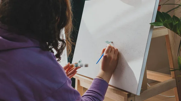 Adult Woman Painting Numbers Pastel Colors Drawing Canvas Concepts Leisure — Fotografia de Stock