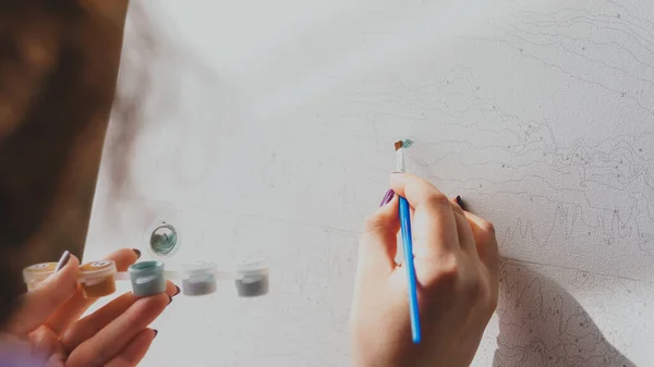 Dorosła Kobieta Maluje Liczbami Pastelowymi Kolorami Rysuje Płótnie Pojęcia Spędzania — Zdjęcie stockowe