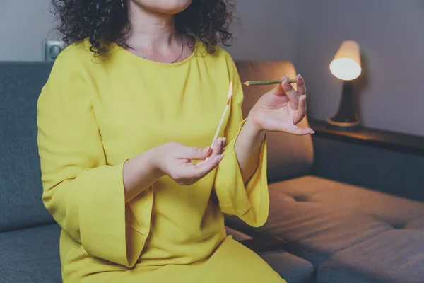 Close Adult Woman Lights Matches Smoking Medical Marijuana Joint Concept — Foto de Stock