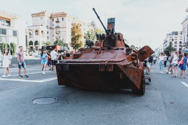 Kyiv, Ukraine - 23 August 2022: Parade of destroyed military equipment of the russian troops on the Khreshchatyk, main street of the Kyiv. Independent Day of Ukraine.