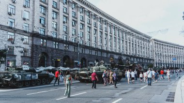 Kyiv, Ukraine - 23 August 2022: Parade of destroyed military equipment of the russian troops on the Khreshchatyk, main street of the Kyiv. Independent Day of Ukraine.
