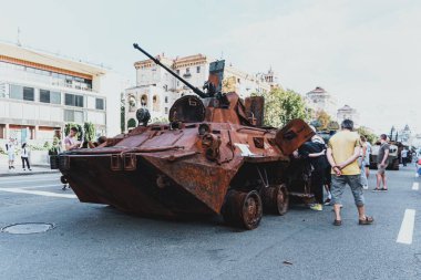Kyiv, Ukraine - 23 August 2022: Parade of destroyed military equipment of the russian troops on the Khreshchatyk, main street of the Kyiv. Independent Day of Ukraine.