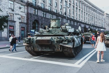 Kyiv, Ukraine - 23 August 2022: Parade of destroyed military equipment of the russian troops on the Khreshchatyk, main street of the Kyiv. Independent Day of Ukraine.