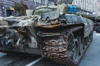 Kyiv, Ukraine - 23 August 2022: Parade of destroyed military equipment of the russian troops on the Khreshchatyk, main street of the Kyiv. Independent Day of Ukraine.