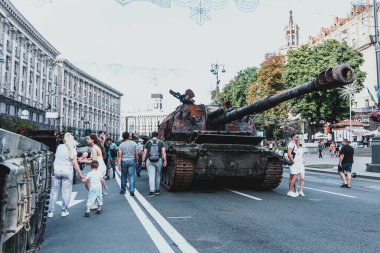 Kyiv, Ukraine - 23 August 2022: Parade of destroyed military equipment of the russian troops on the Khreshchatyk, main street of the Kyiv. Independent Day of Ukraine.
