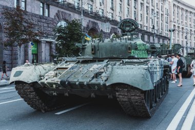 Kyiv, Ukraine - 23 August 2022: Parade of destroyed military equipment of the russian troops on the Khreshchatyk, main street of the Kyiv. Independent Day of Ukraine.