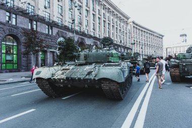 Kyiv, Ukraine - 23 August 2022: Parade of destroyed military equipment of the russian troops on the Khreshchatyk, main street of the Kyiv. Independent Day of Ukraine.