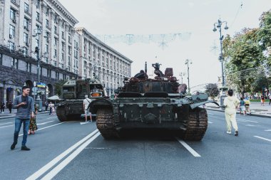 Kyiv, Ukraine - 23 August 2022: Parade of destroyed military equipment of the russian troops on the Khreshchatyk, main street of the Kyiv. Independent Day of Ukraine.
